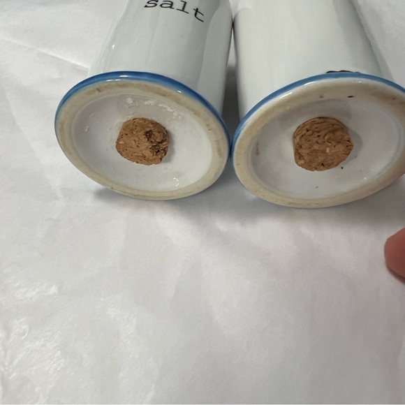 Vintage Look Ceramic Salt & Pepper Shakers White with Black Lettering & Blue Rim - Picture 6 of 7